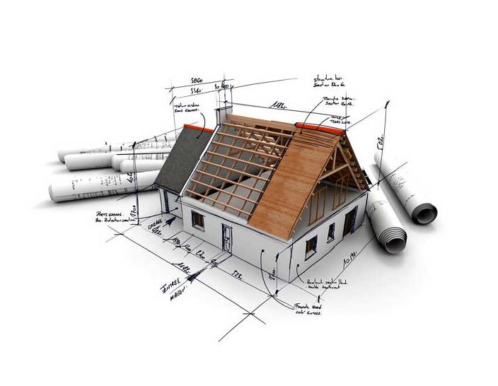 Artistic image of a house that's partially under construction and partially 3D blueprints.
